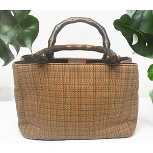 Fossil Purse‎ Bamboo Handle Woven Fabric 3 pocket Handbag 11 x 4 x 8